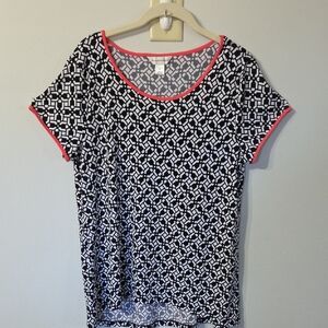Stylish Black and White Patterned Women's Top With Coral Trim